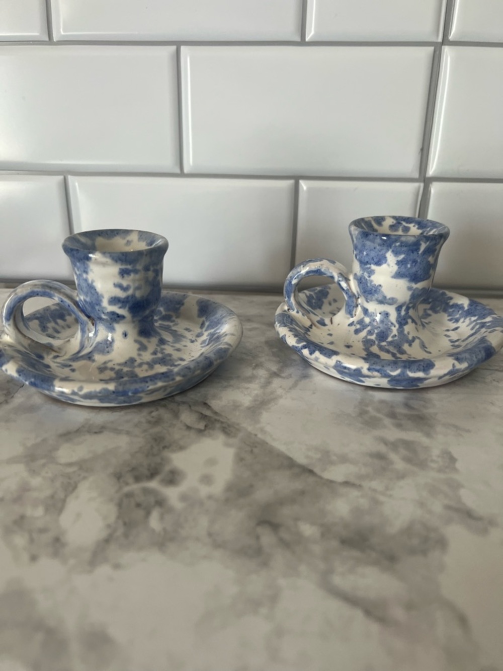 Blue Speckle Ceramic Candle Holders - Set of 2